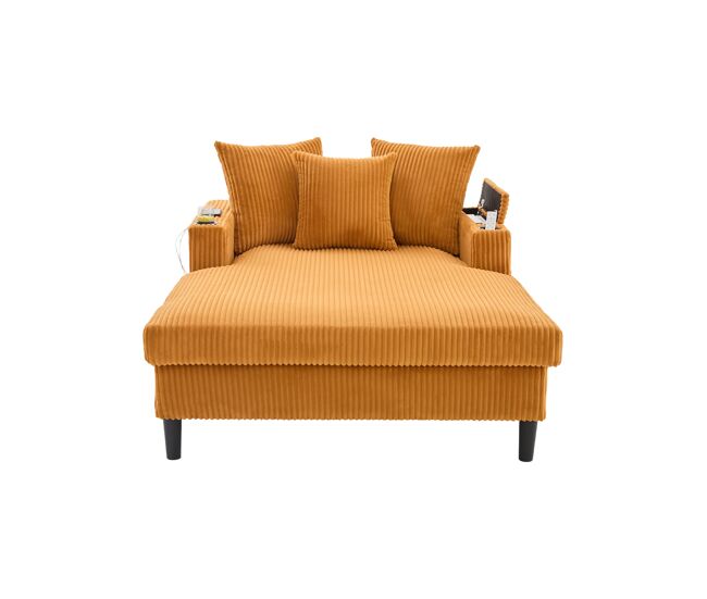 Sofá lounge multifuncional de 1 lugar - chaise longue com ampla superfície de descanso, porta-copos em ambos os lados, iluminação led, bolso lateral, espaço de arrumação, porta de carregamento usb, pés de plástico estáveis - cor mostarda