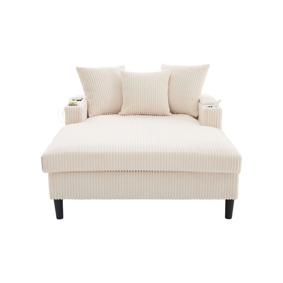 Sofá lounge multifuncional com chaise longue - ampla superfície de descanso, porta-copos em ambos os lados, iluminação led, bolso lateral, porta usb, espaço de arrumo, pés de plástico estáveis - bege - 1 lugar