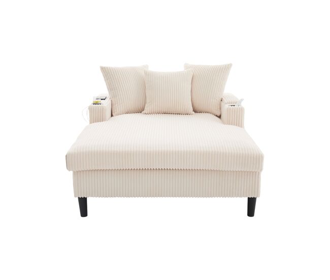 Sofá lounge multifuncional com chaise longue - ampla superfície de descanso, porta-copos em ambos os lados, iluminação led, bolso lateral, porta usb, espaço de arrumo, pés de plástico estáveis - bege - 1 lugar