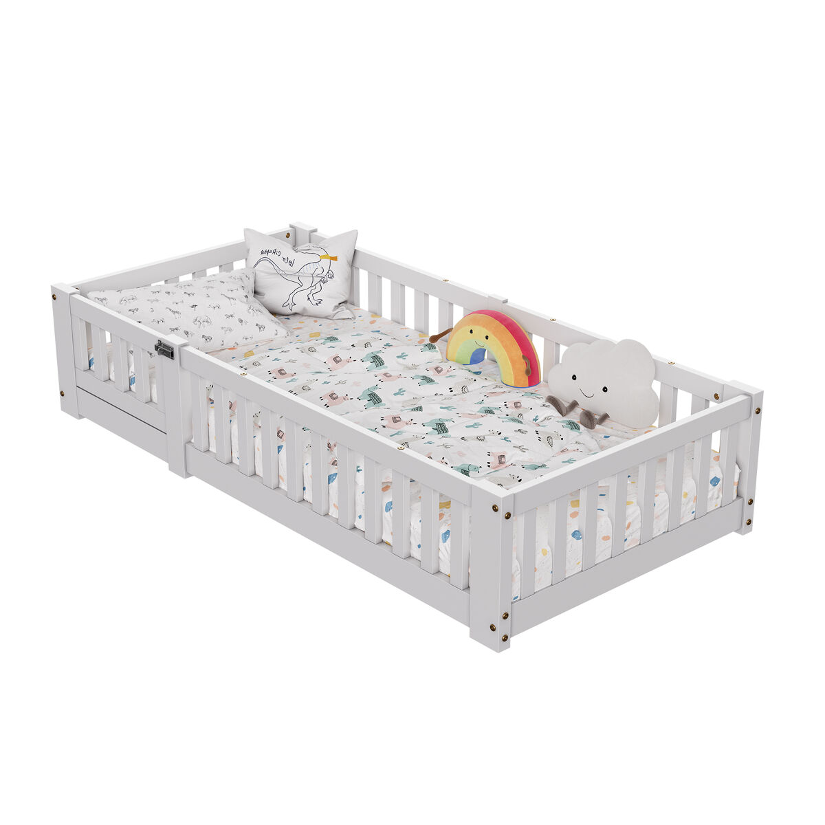 Cama infantil 80x160 cm em madeira maciça com grades de segurança, estrado de ripas, design moderno, blanche