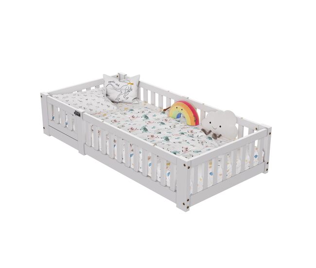 Cama infantil 80x160 cm em madeira maciça com grades de segurança, estrado de ripas, design moderno, blanche