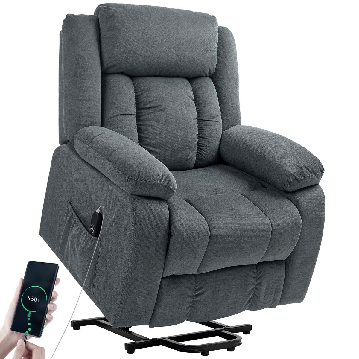 Poltrona relax reclinável électrique levanta pessoas com porta usb controlo remoto assento largo apoio para os pés estofada em tecido aveludado gris, 92x94x105 cm