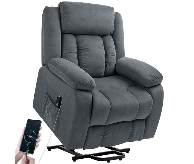 Poltrona relax reclinável électrique levanta pessoas com porta usb controlo remoto assento largo apoio para os pés estofada em tecido aveludado gris, 92x94x105 cm