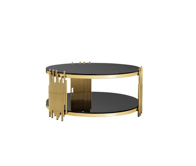 Mesa de café moderna - tampo duplo em vidro - base em acier doré - noir e doré
