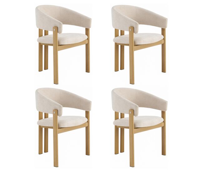 4 cadeiras de jantar de metal com acabamento imitação madeira, confortáveis e respiráveis, adequadas para sala de jantar, sala de estar, cafés, estilo moderno, tecido de linho, cor madeira natural