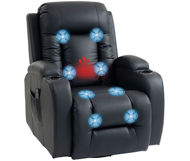 Poltrona de massagem reclinável até 145° relax com 8 pontos por vibração função de aquecimento giratória e controlo remoto 82x99x103 cm noir