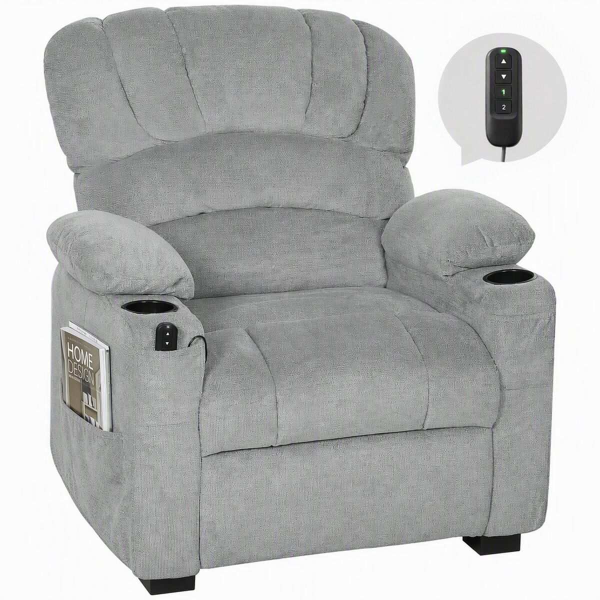 Poltrona relax reclinável électrique, silenciosa de veludo com função memória, apoio para os pés, comando remoto, bolsos laterais, porta usb, porta-copos, encosto concha, gris, 96x90x105 cm
