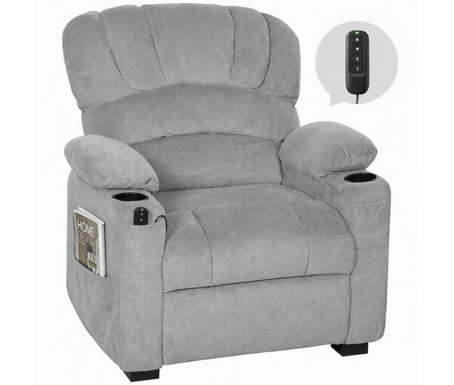 Poltrona relax reclinável électrique, silenciosa de veludo com função memória, apoio para os pés, comando remoto, bolsos laterais, porta usb, porta-copos, encosto concha, gris, 96x90x105 cm