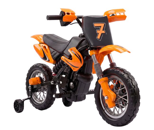 Aiyaplay moto électrique infantil 12v com 2 rodas auxiliares removíveis, 2 motores, suspensão traseira, bateria de lítio, música e buzina, 3 km/h, 3-6 anos, orange