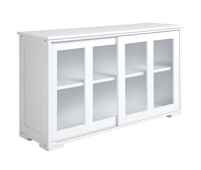 Aparador de cozinha moderno empilhável, móvel auxiliar com 2 portas de correr de vidro e étagère ajustável para sala de estar e jantar 107x33x62,5 cm blanc