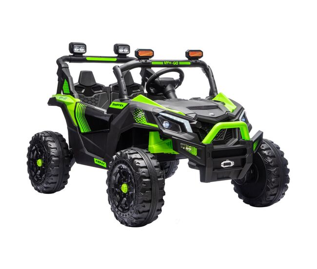 Aiyaplay utv électrique infantil 24 v de 2 lugares com 2 motores de 120 w, controlo parental, suspensão às 4 rodas, arranque suave, bagageira, cinto, música e luzes, verde, 3-8 anos