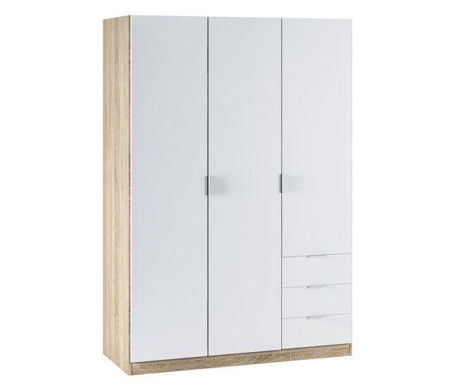 Roupeiro nico 3 portas e 3 gavetas cor carvalho/branco, 121 x 52 x 180 cm