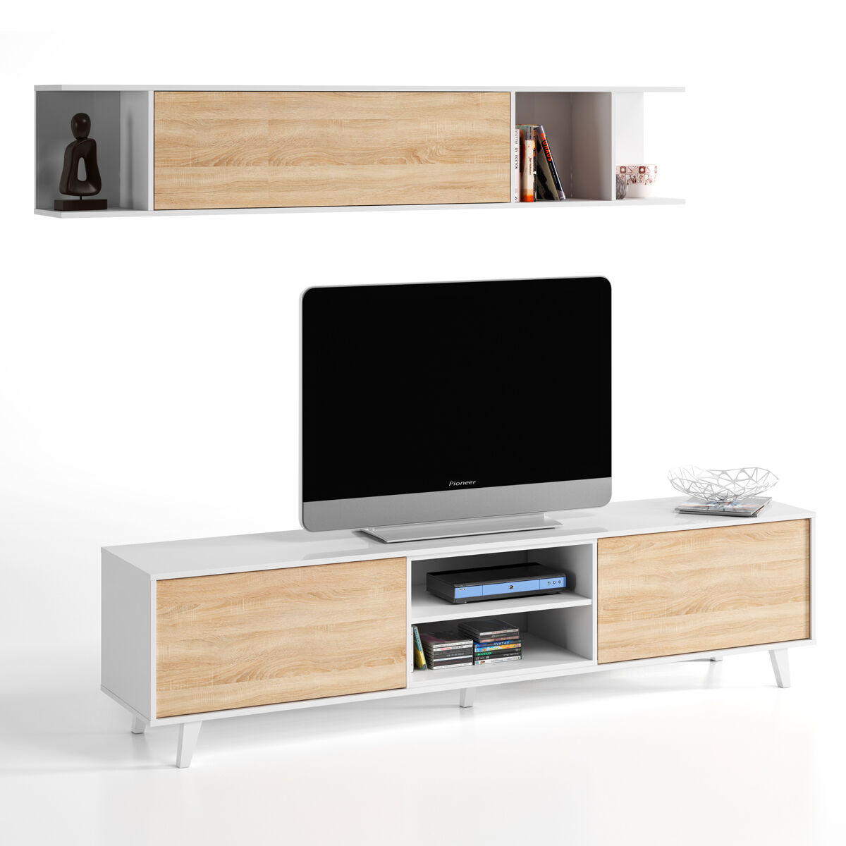 Móvel tv kira 1 prateleira 2 portas, cor carvalho/branco, 180 cm largura 41 cm profundidade 51 cm altura