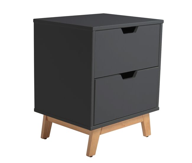 Mesa de cabeceira miranda com 2 gavetas antracite, mdf lacado, pernas de madeira e corrediças metálicas