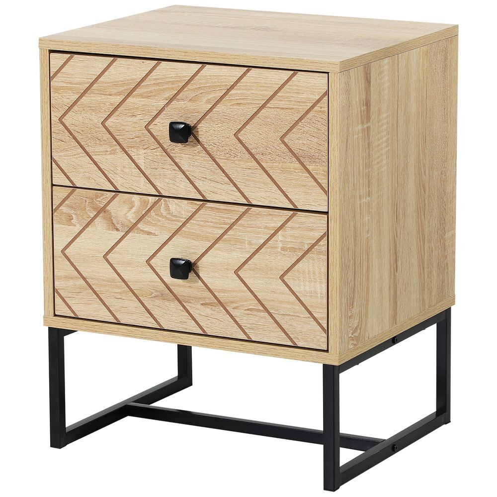 Homcom mesa de cabeceira mesa auxiliar mesinha de cabeceira com 2 gavetas e pés metálicos estilo moderno para quarto sala escritório 48x39,5x60 cm natural