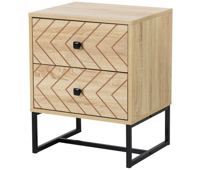 Homcom mesa de cabeceira mesa auxiliar mesinha de cabeceira com 2 gavetas e pés metálicos estilo moderno para quarto sala escritório 48x39,5x60 cm natural