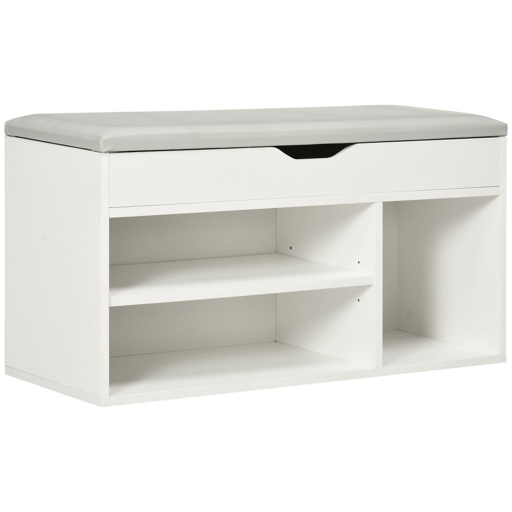 Homcom sapateira com assento acolchoado para entradas e salões com 1 gaveta e prateleira de mdf 80x30x43cm carga máxima 120 kg branco