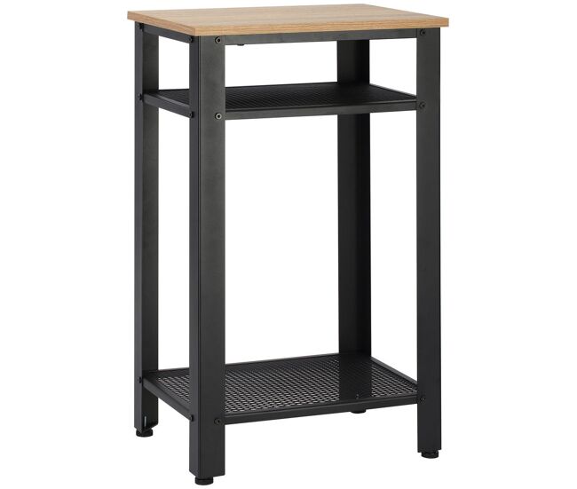 Homcom mesa auxiliar mesa de cabeceira estilo industrial com 2 prateleiras de grade de metal e pés ajustáveis 45x35x75cm carvalho e branco