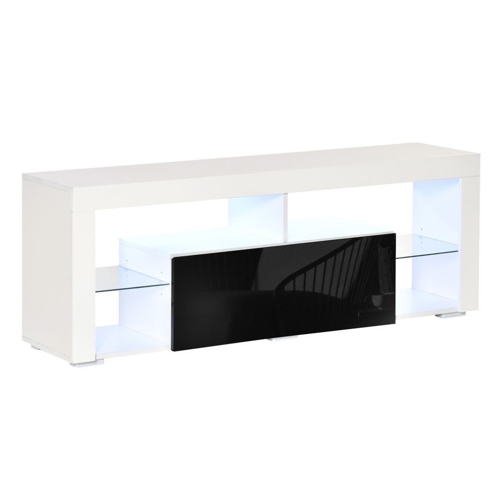 Homcom móvel de tv para sala de estar com iluminação led 6 modos de cores controle remoto gaveta e prateleiras de cristal ajustáveis 140x35x52cm preto