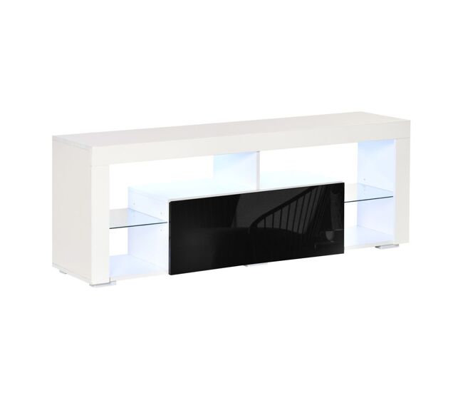 Homcom móvel de tv para sala de estar com iluminação led 6 modos de cores controle remoto gaveta e prateleiras de cristal ajustáveis 140x35x52cm preto