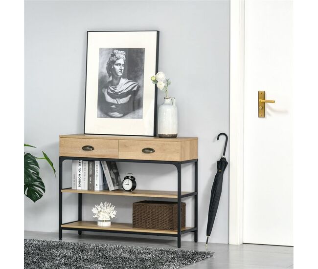 Homcom mesa consola mesa de entrada estreita com 2 gavetas e 2 prateleiras de armazenamento estrutura de aço para corredor entrada sala de estar