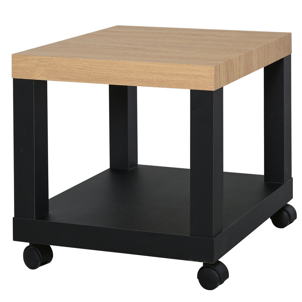 Homcom mesa auxiliar com rodas mesa auxiliar com étagère aberta para sofá dormitório 40x40x40 cm blanc e madeira noir e madeira