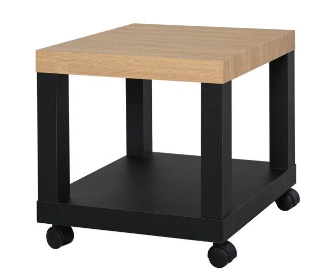 Homcom mesa auxiliar com rodas mesa auxiliar com étagère aberta para sofá dormitório 40x40x40 cm blanc e madeira noir e madeira
