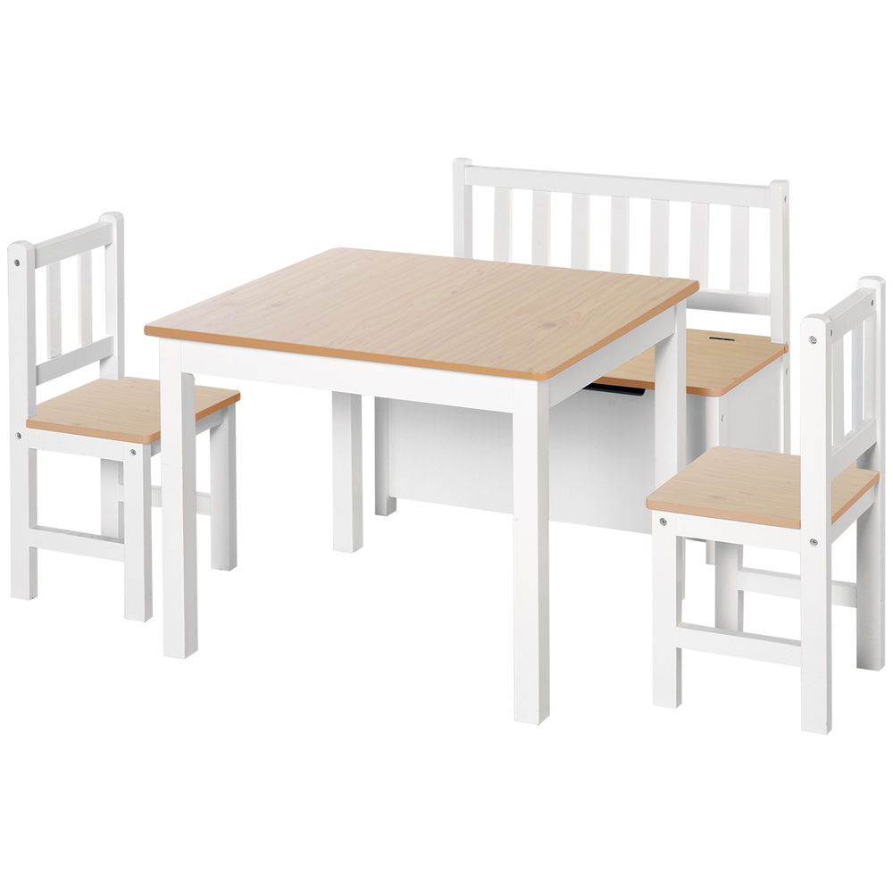 Homcom conjunto infantil de mesa 2 cadeiras e banco com armazenamento móveis infantil para sala de jogos dormitório branco e natural