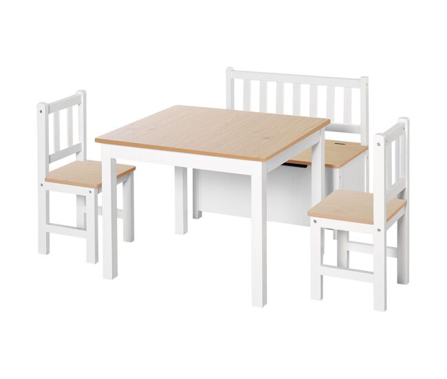 Homcom conjunto infantil de mesa 2 cadeiras e banco com armazenamento móveis infantil para sala de jogos dormitório branco e natural