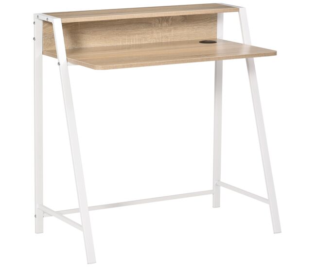 Homcom secretária mesa de computador 84x45x85cm com bancada de madeira e pés de metal estilo moderno para escritório estúdio dormitório carga