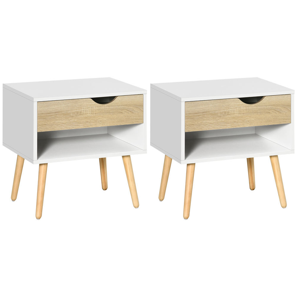 Homcom conjunto de 2 mesas de cabeceira mesa auxiliar com 1 gaveta e prateleira de armazenamento para dormitório sala de estar escritório estilo moderno 50x39x51cm branco e carvalho