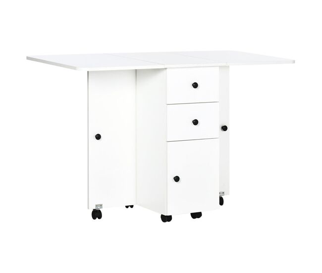 Homcom mesa de jantar dobrável com rodas mesa abatível com 2 gavetas e armário mesa auxiliar multifuncional para estúdio cozinha 120x60x76,5cm branco