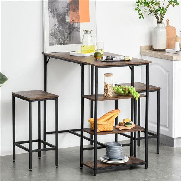 Homcom conjunto de mesa de bar e 2 bancos com apoio para os pés e prateleiras de 3 níveis almofadas ajustáveis ​​para cozinha 109x60x100 cm marrom rústico
