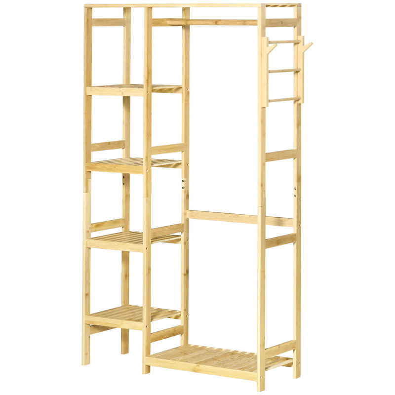 Homcom suporte para cabides de bambu cabideiro com prateleiras de 4 níveis com barra prateleira inferior e cabide lateral para roupas bolsas