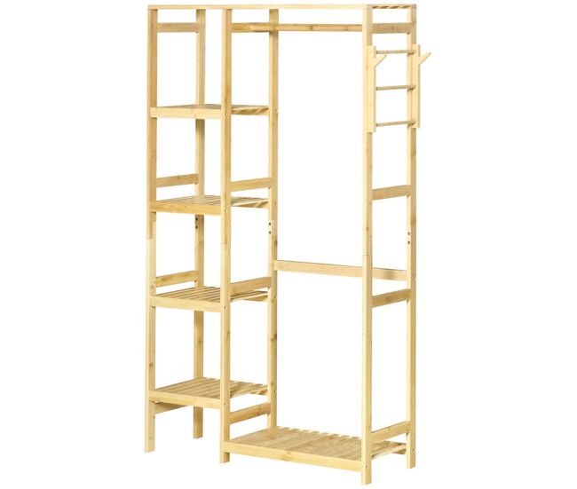 Homcom suporte para cabides de bambu cabideiro com prateleiras de 4 níveis com barra prateleira inferior e cabide lateral para roupas bolsas