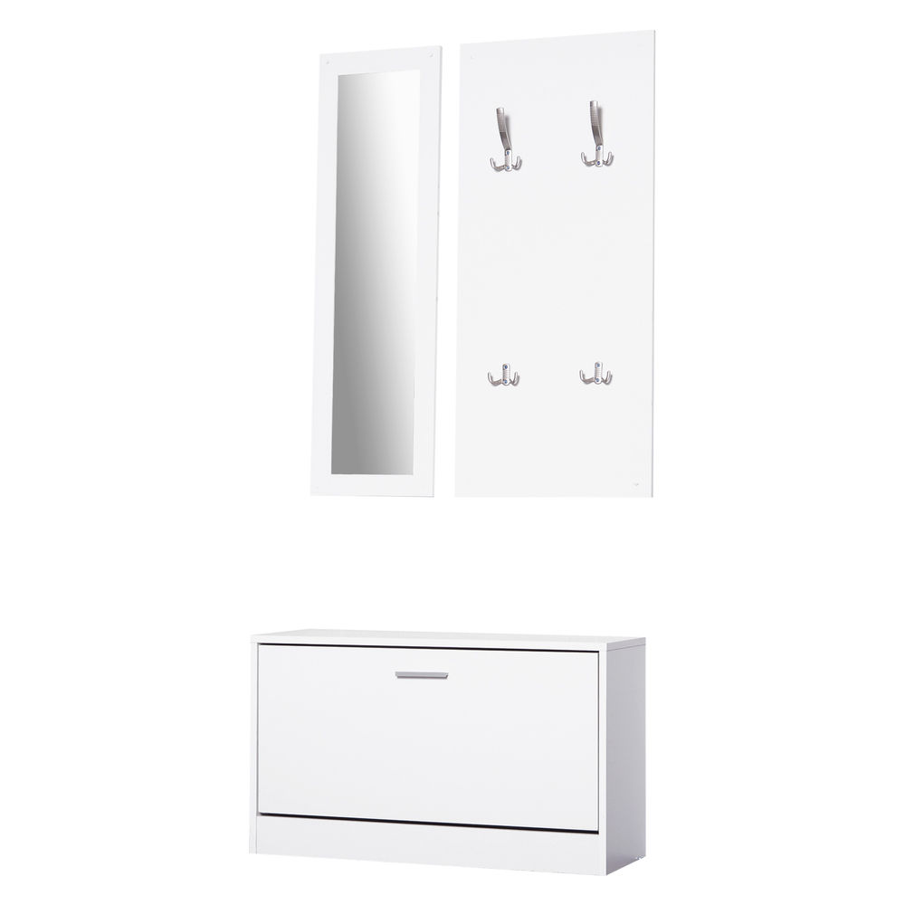 Homcom móvel cabide de entrada de 3 peças armário de entrada com cabide espelho e sapateira 80x27x46,5cm branco
