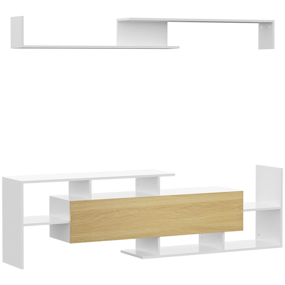 Homcom móvel de tv moderno móvel de sala de estar para televisores 153,6x25x42cm e prateleira de parede 150x14,5x16,3cm branco e madeira