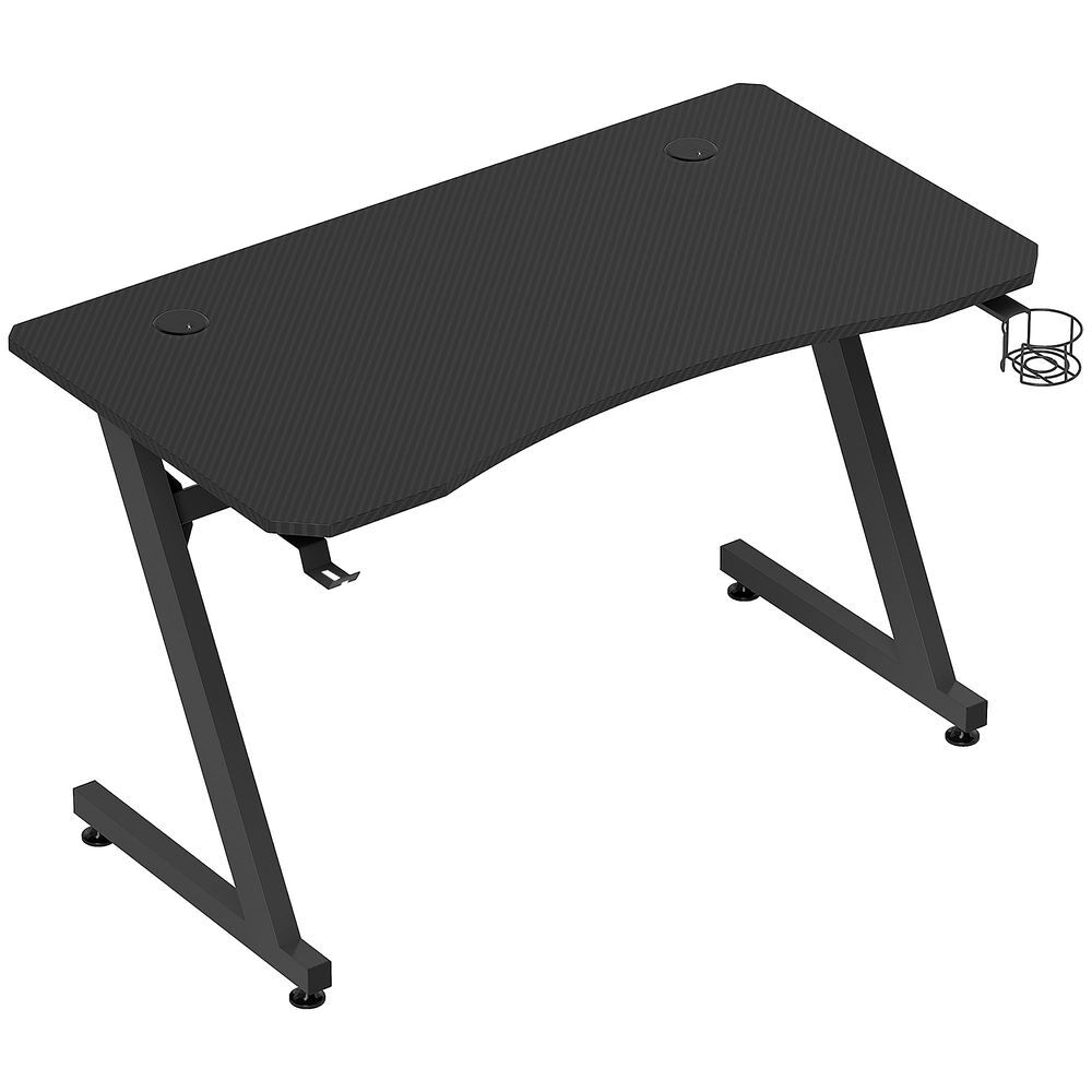 Homcom secretária gaming 120x65x74,5cm secretária gaming para computador com suporte para copos gancho para fones de ouvido e pés ajustáveis com efeito de fibra de carbono preto