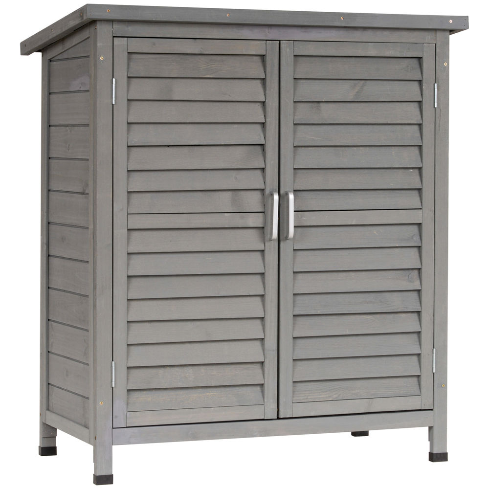 Outsunny armário de armazenamento de madeira para jardim com 2 prateleiras interiores 2 portas e teto inclinado para exterior terraço 87x46,5x96,5cm