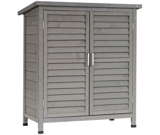 Outsunny armário de armazenamento de madeira para jardim com 2 prateleiras interiores 2 portas e teto inclinado para exterior terraço 87x46,5x96,5cm