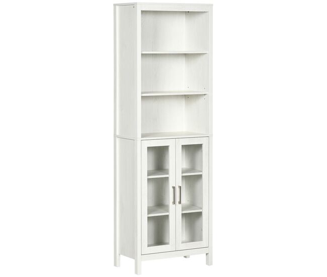 Kleankin armário alto de casa de banho com 2 portas de vidro e 3 étagères abertas armário auxiliar estilo moderno para sala de estar dormitório 53x30x162cm blanc