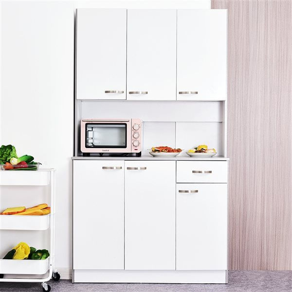 Homcom armário de cozinha aparador de sala de jantar com 1 gaveta 6 portas e prateleiras ajustáveis estilo moderno 101x39x180 cm branco