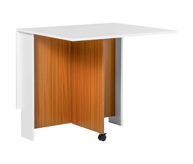 Homcom mesa de sala de jantar dobrável com rodas mesa multifuncional para sala de jantar com 3 formas 120x80x73cm branco e madeira