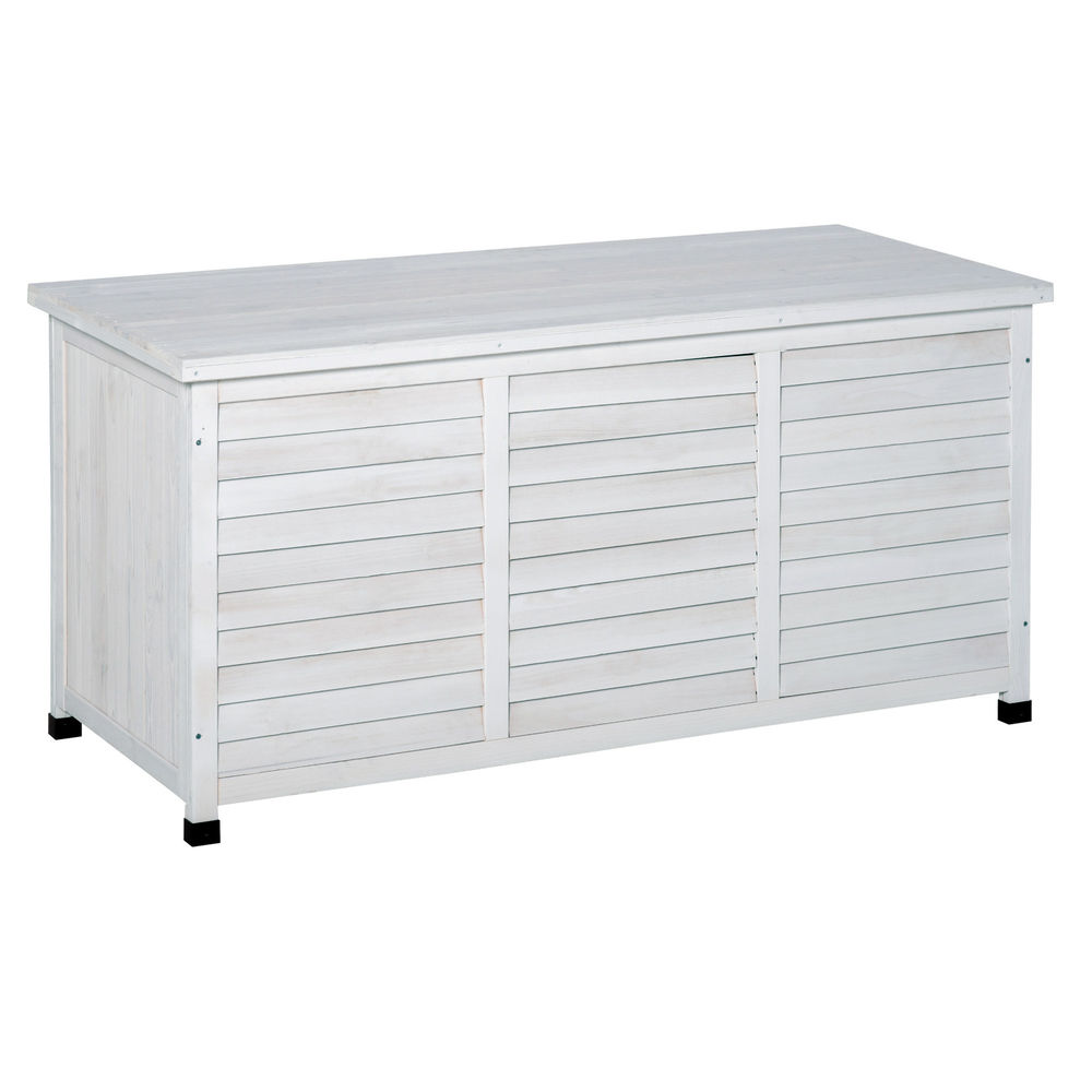 Outsunny baú de madeira ao ar livre caixa de armazenamento de jardim com tampa que pode ser aberta 127x56x60 cm blanc
