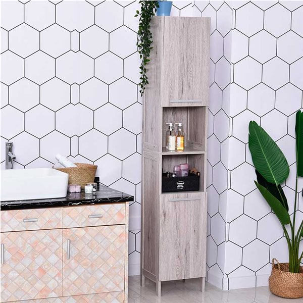 Kleankin Coluna Casa De Banho Armário Alto Auxiliar Casa De Banho Com 2 Prateleiras Abertas E 2 Armários 30X32x172,5 Cm Madeira Acinzentada Cinza