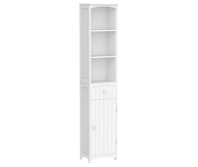 Homcom enceinte casa de banho com 1 gaveta armário e 3 étagères abertas armário alto auxiliar para casa de banho 34x24x170 cm blanc