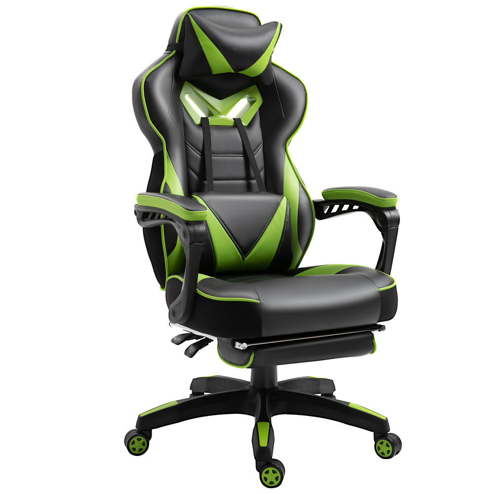 Vinsetto cadeira de escritorio gaming ergonômica altura ajustável reclinável encosto com apoio para pés encosto de cabeça almofada lombar rodas 65x70x118,5-126,5 cm verde e noir