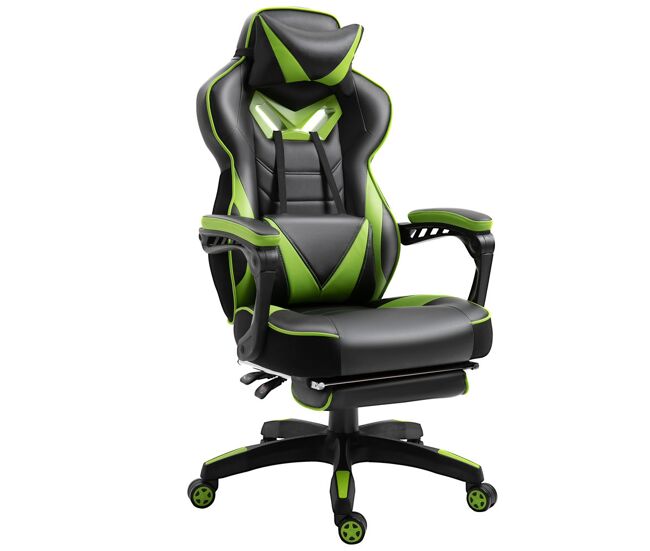 Vinsetto cadeira de escritorio gaming ergonômica altura ajustável reclinável encosto com apoio para pés encosto de cabeça almofada lombar rodas 65x70x118,5-126,5 cm verde e noir