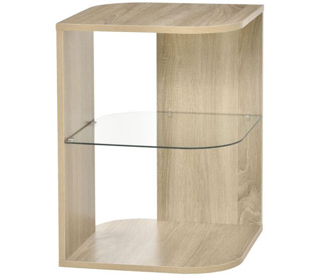 Homcom mesa auxiliar moderna mesa de cabeceira com 3 prateleiras 1 de vidro para sala de estar dormitório 40x40x56cm madeira natural
