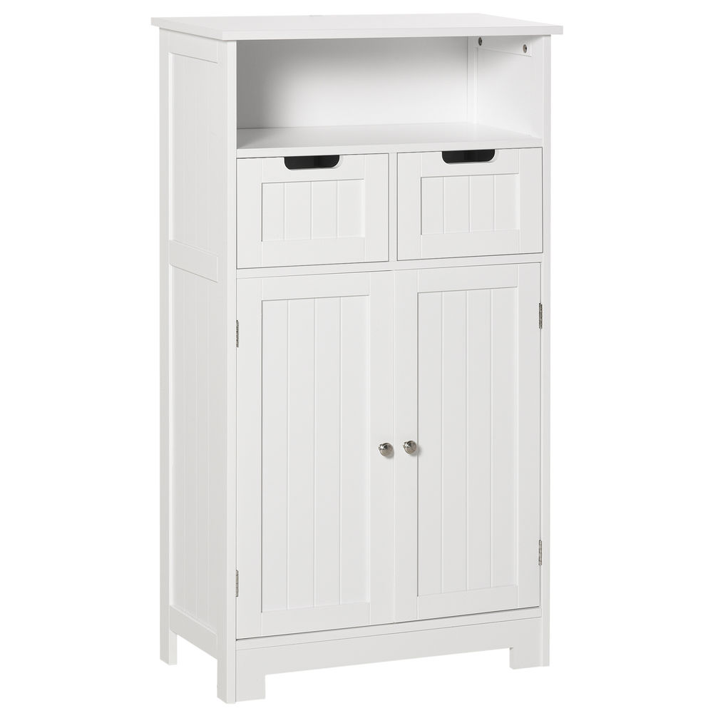 Kleankin Kleanklin Armário De Casa De Banho Com 2 Portas Prateleira Ajustável 2 Gavetas E Compartimento Aberto Móvel Auxiliar De Armazenamento Para Sala De Estar Cozinha 60X30x108,8Cm Branco